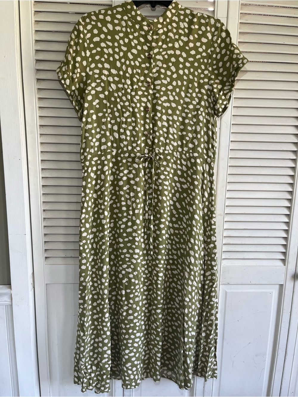 SHEIN Olive Green & White Dot Tie-Waist Midi Dress